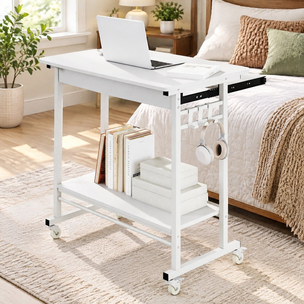 Airfind Rolling Laptop Table with Pull-out Keyboard Tray and Hooks, Engineered Wood Metal Frame, 31.5 x 19.5 x 31 Footprint, White