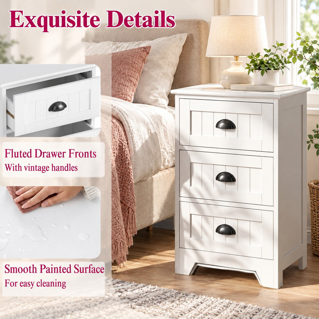 Airfind 3 Drawers End Storage Wood Side Nightstand, 88 lbs Capacity, P2 MDF Frame, 18 x 12 x 27 Footprint, White