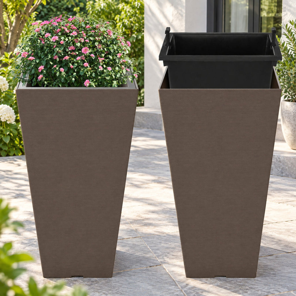 Airfind Set of 2 Square Taper Planter with Removable Inner Bucket and Optional Drainage Hole, PP Frame, 11.5 x 11.5 x 22.5 Footprint, Brown