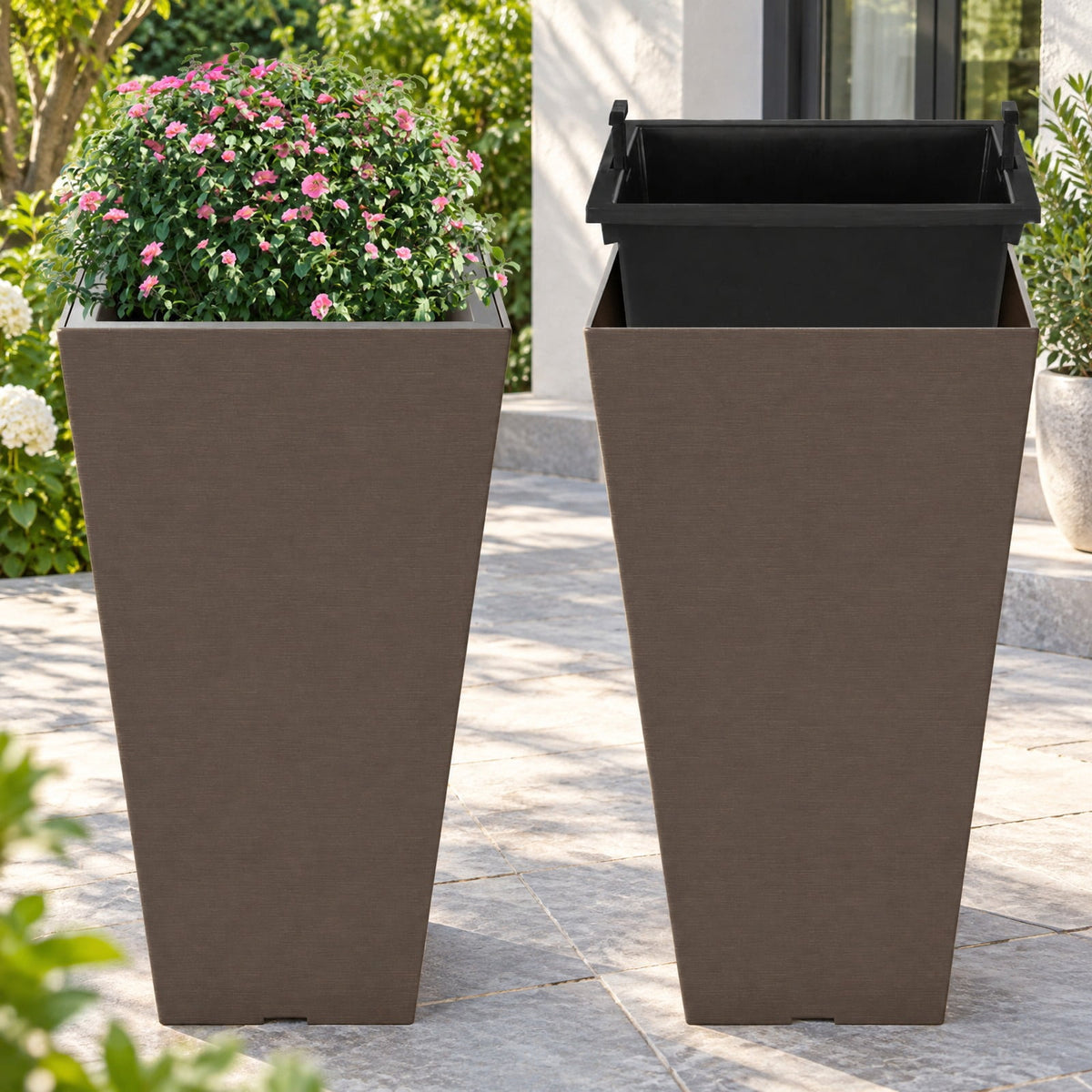 Airfind Set of 2 Square Taper Planter with Removable Inner Bucket and Optional Drainage Hole, PP Frame, 11.5 x 11.5 x 22.5 Footprint, Brown