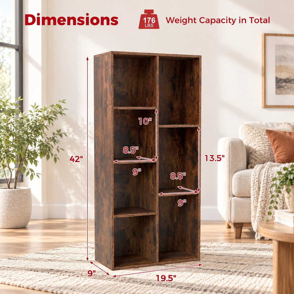 Airfind Vertical or Horizontal Freestanding Bookshelf with 7 Compartments, 176 lbs Capacity, Engineered Wood MDF Frame, 19.5 x 9 x 42 Footprint
