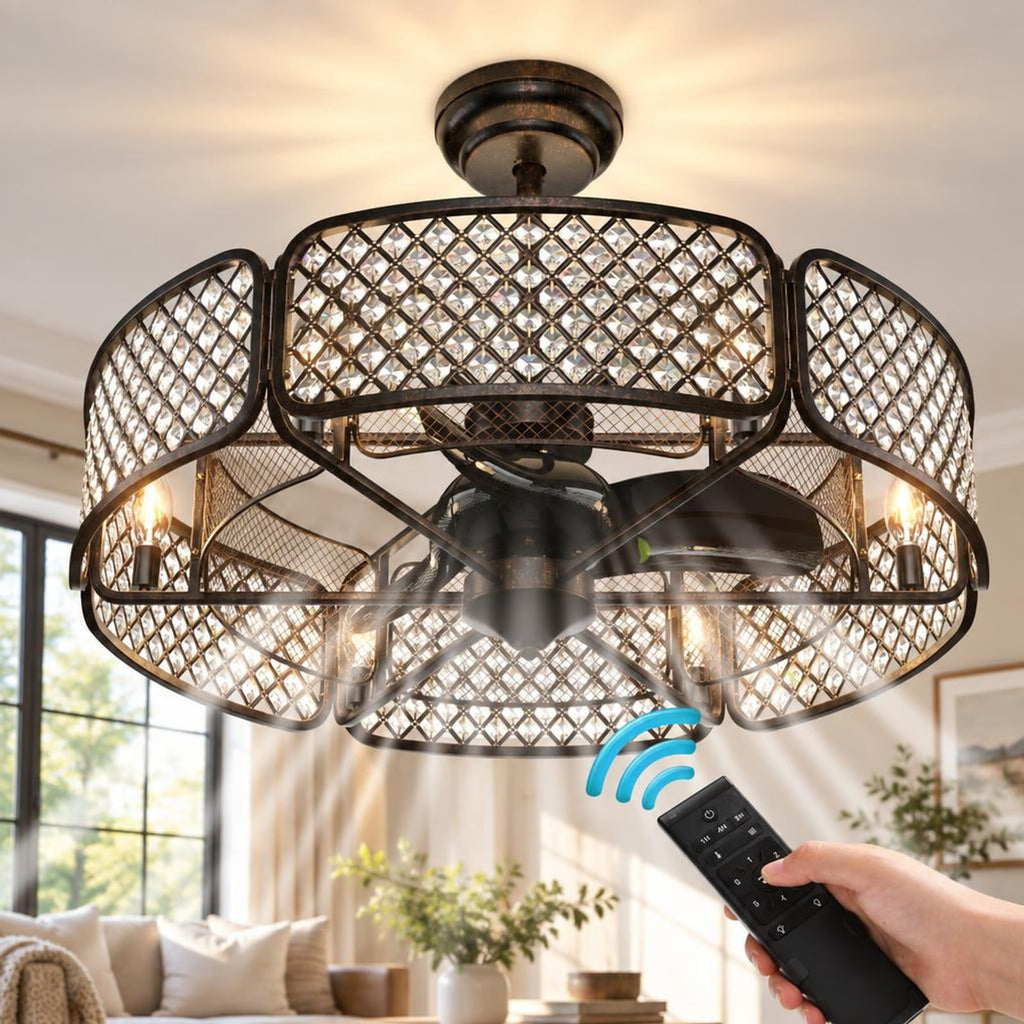 Airfind 30 Inch Caged Ceiling Fan with Light Crystal Lampshade 6 Light Bases, Iron Pp, Overall Dimension 30 Inch X 21 Inch or 31 Inch (d X, Brown