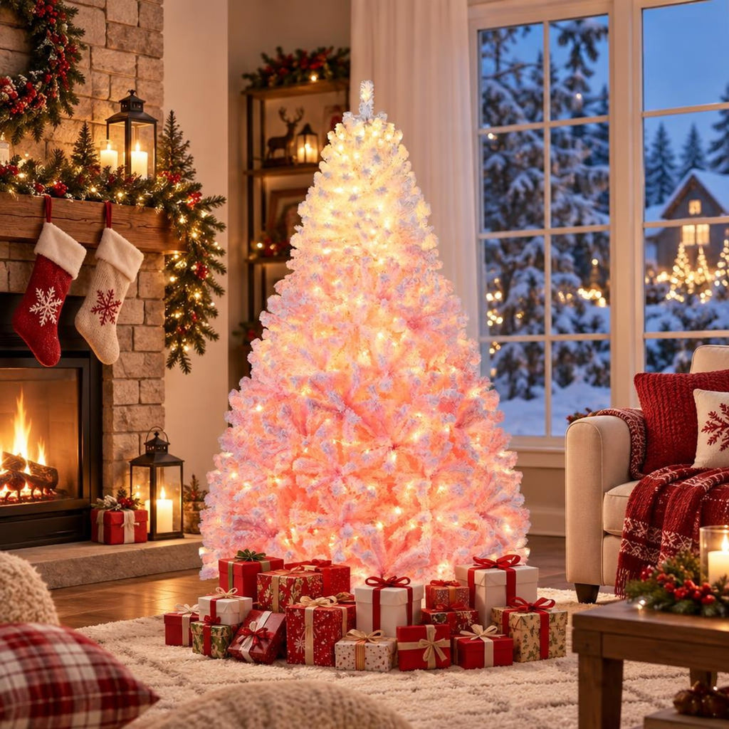 Airfind 5/6/7/8 FT Artificial Christmas Tree with Warm White LED Lights and 8 Modes for Holiday-7 Feet, White