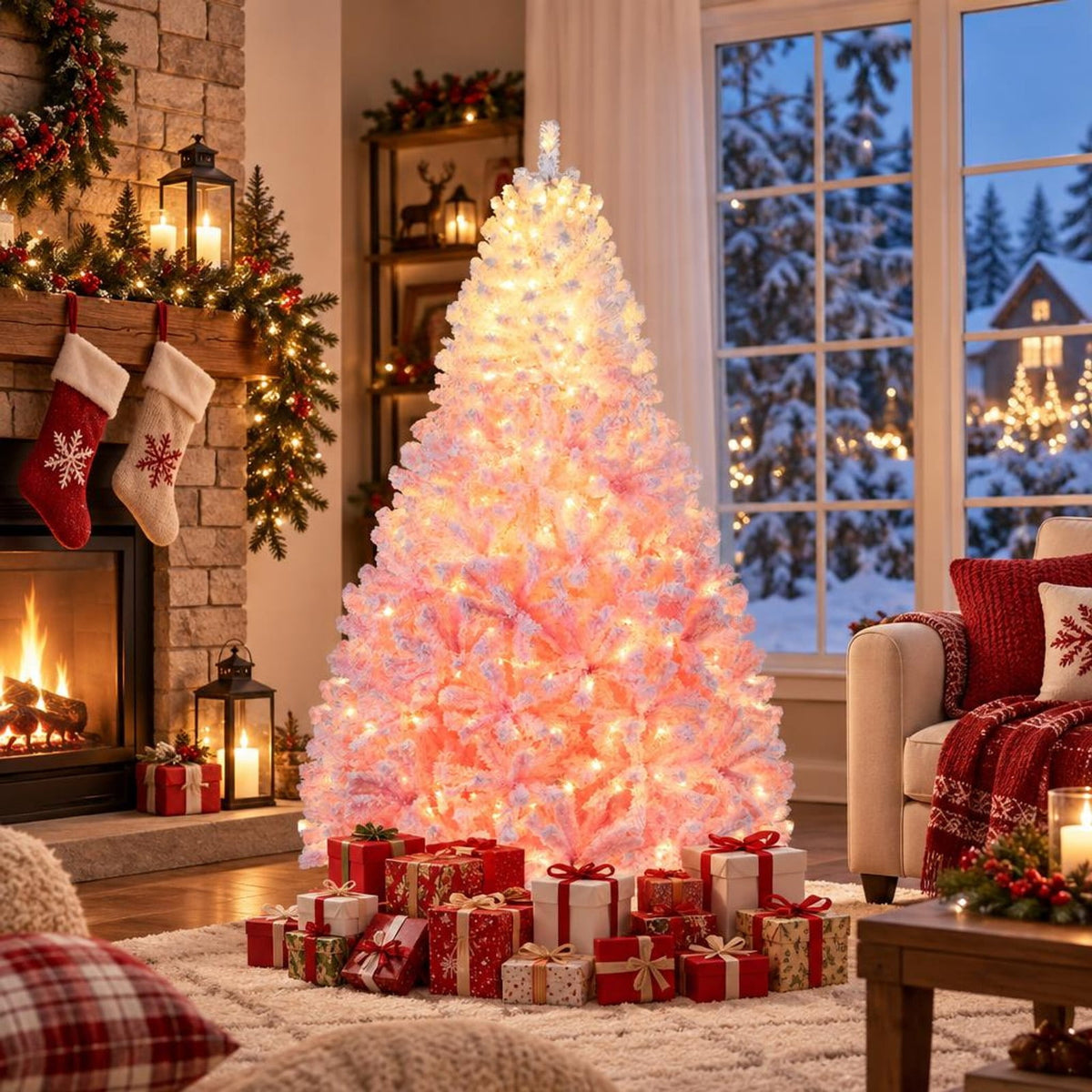 Airfind 5/6/7/8 FT Artificial Christmas Tree with Warm White LED Lights and 8 Modes for Holiday-7 Feet, White
