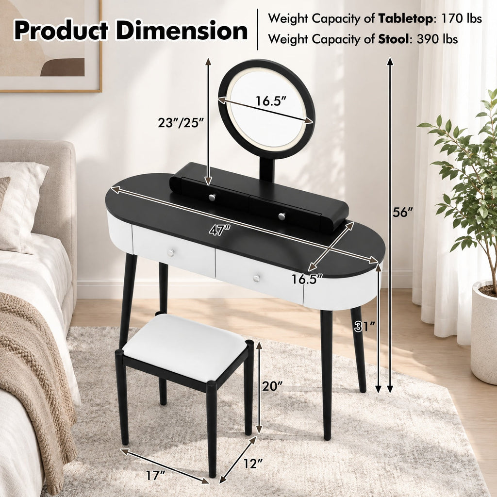 Airfind Makeup Vanity Table Set with LED Mirror and 3 Spacious Drawers, 170 lbs Capacity, MDF Frame, 47 Inch x 16.5 Inch x 56 Inch Footprint, White