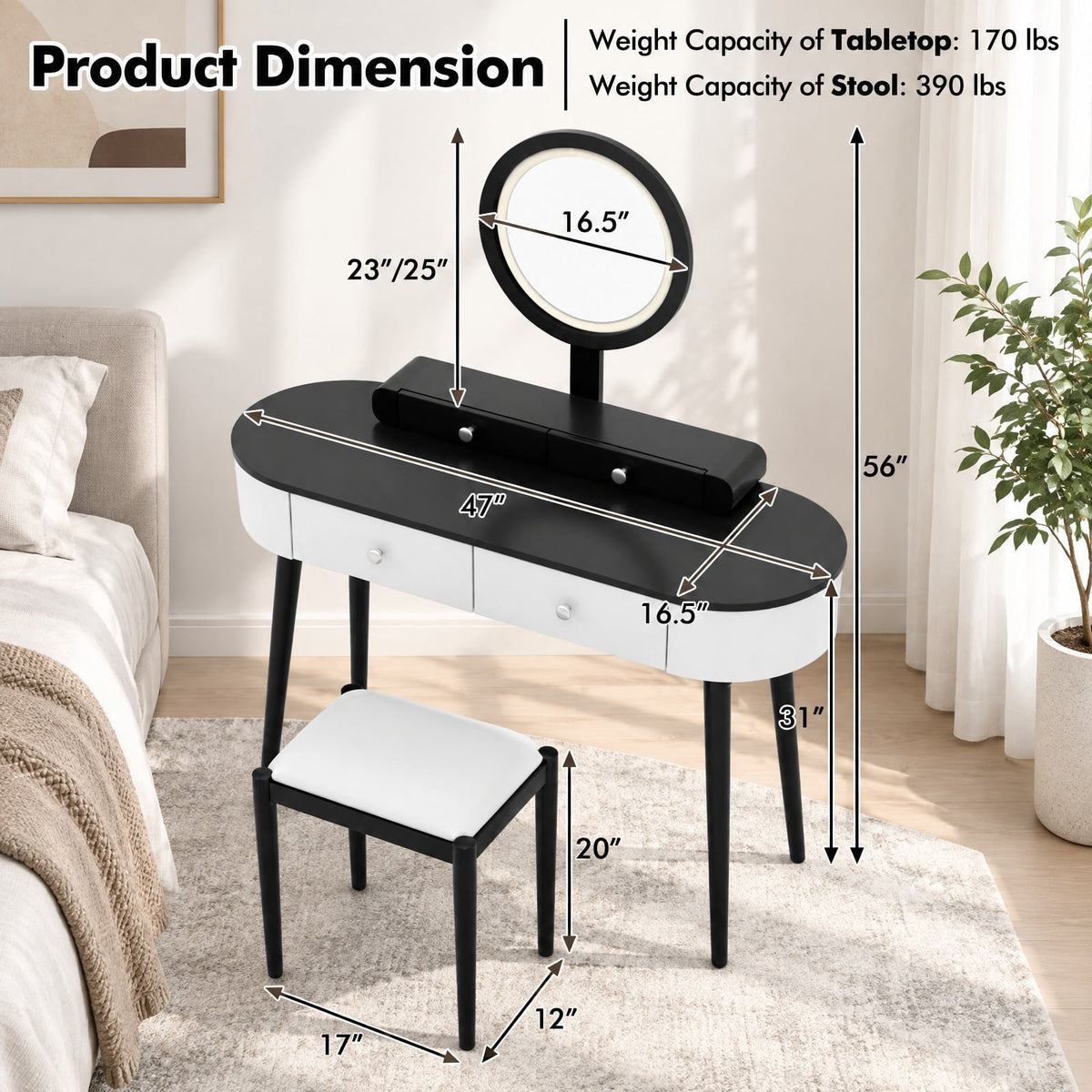 Airfind Makeup Vanity Table Set with LED Mirror and 3 Spacious Drawers, 170 lbs Capacity, MDF Frame, 47 Inch x 16.5 Inch x 56 Inch Footprint, White