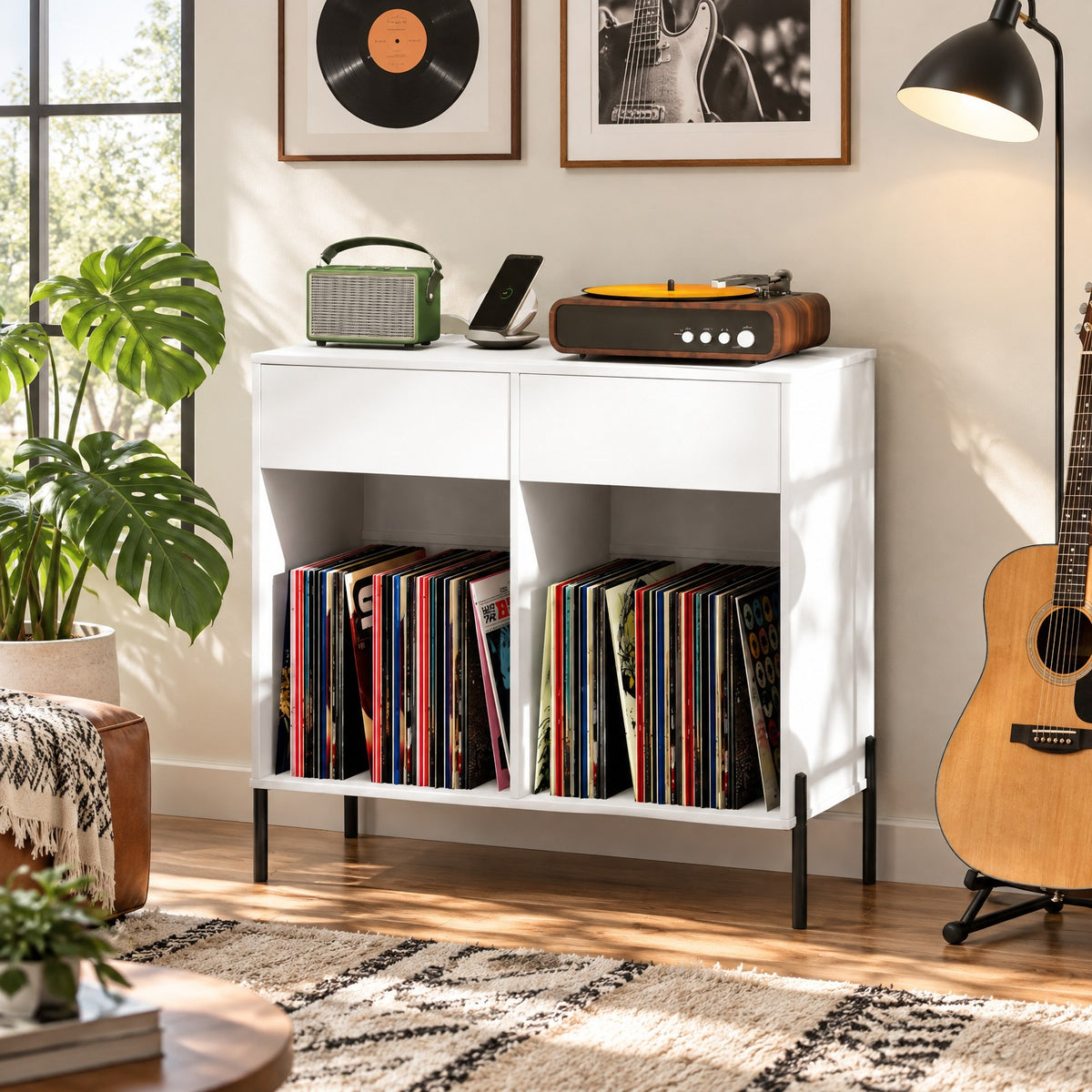 Airfind Record Player Stand with Power Outlets Double Wide Turntable Stand Vinyl Record Storage Table, 220 lbs Capacity, Engineered Wood Metal Frame