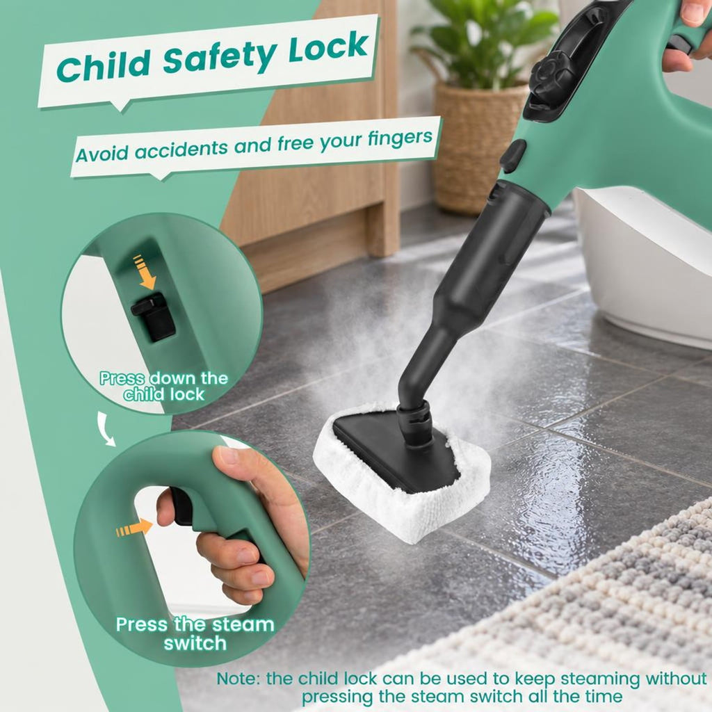 Airfind 1400W Handheld Steam Cleaner with 14-Piece Accessory Kit and Child Lock, PP Frame, 13 x 5 x 9.5 Footprint, Green