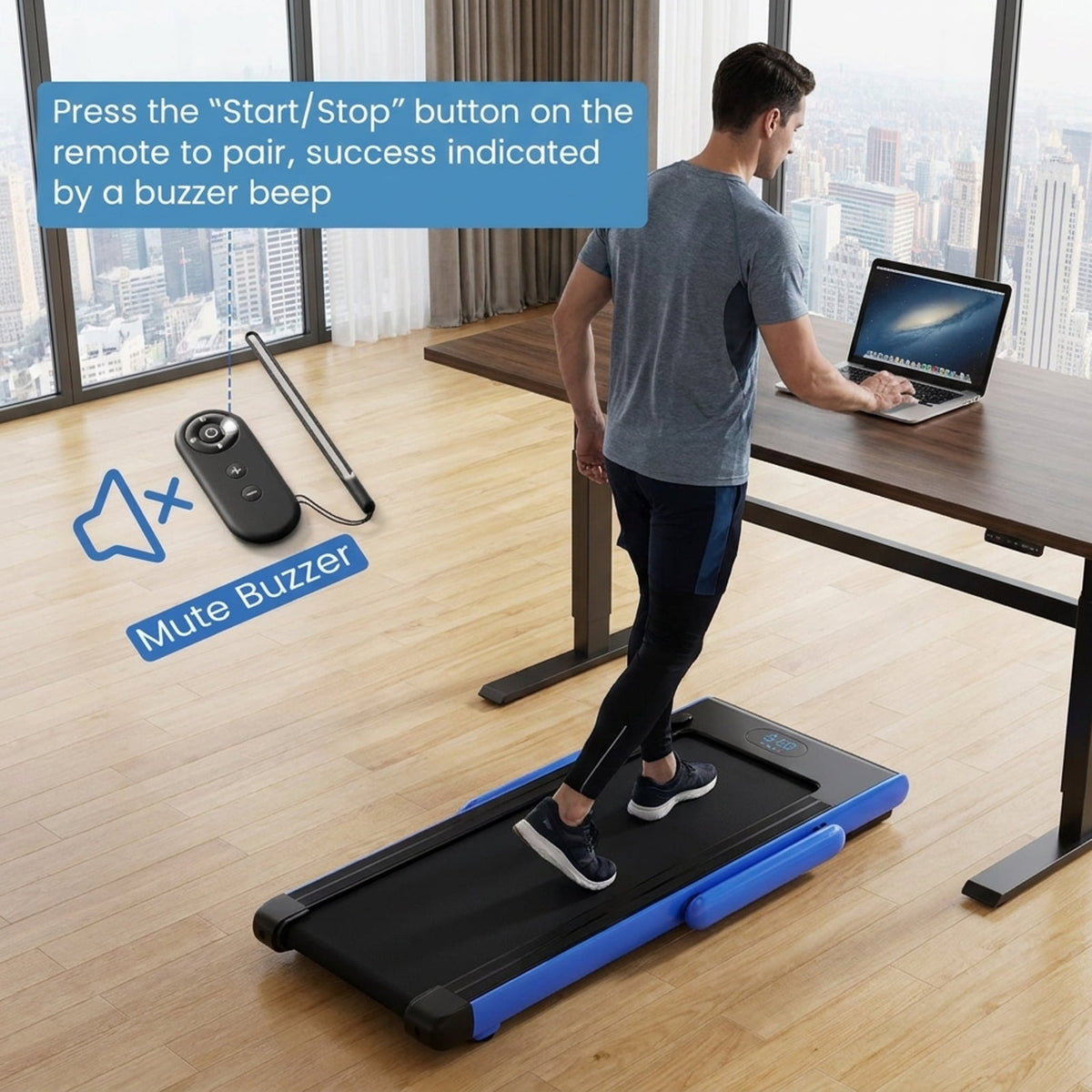 Airfind Under Desk Walking Pad Treadmill for home with ultra slim design and quiet 3HP motor plus remote control and LED screen for walking and running, Navy
