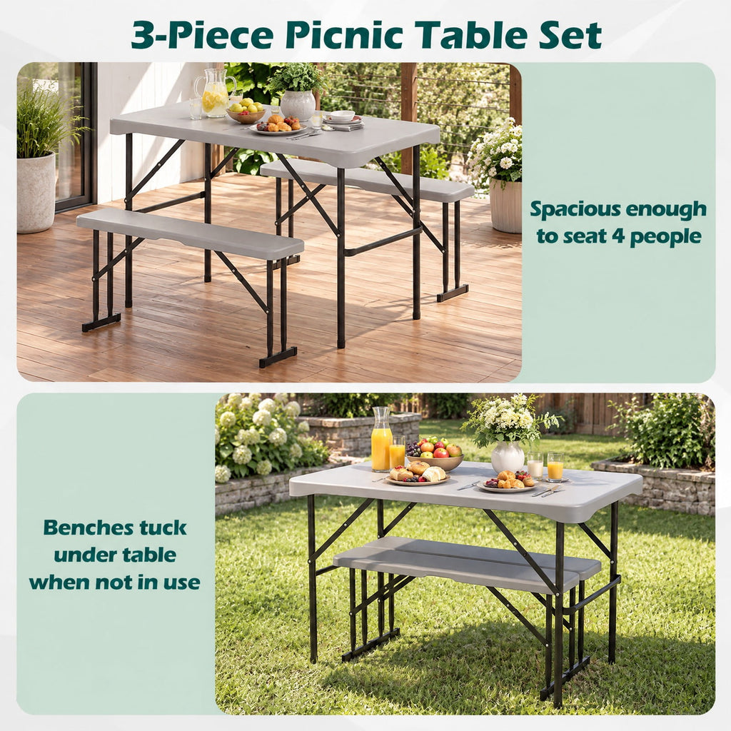 Airfind 44 Inch HDPE Folding Picnic Table Set with 2 Benches, 110 lbs Capacity, HDPE Metal Frame, 44 Inch x 24 Inch x28 Inch Footprint, Grey