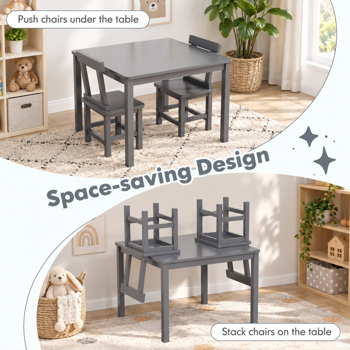 Airfind Wooden Kids Table and 2 Chairs Set with Anti-slip Foot Pads, Rubber Wood Acacia Wood MDF Frame, 30 x 30 x 22 inch Footprint, Gray