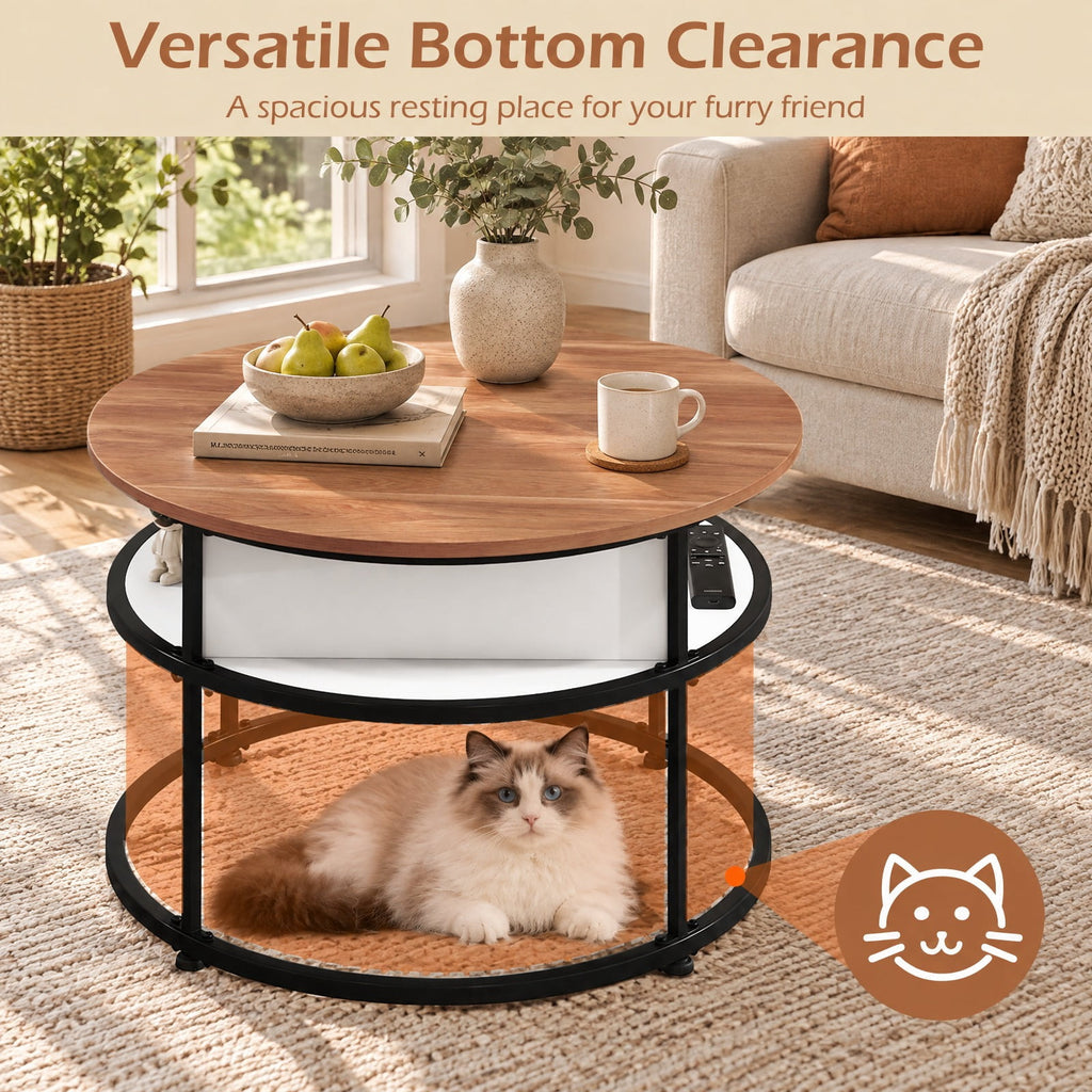 Airfind 31.5 Inch Round Lift Top Coffee Table with Hidden Compartment and Side Shelves, 110 lbs Capacity, Engineered Wood Metal Frame, Teak