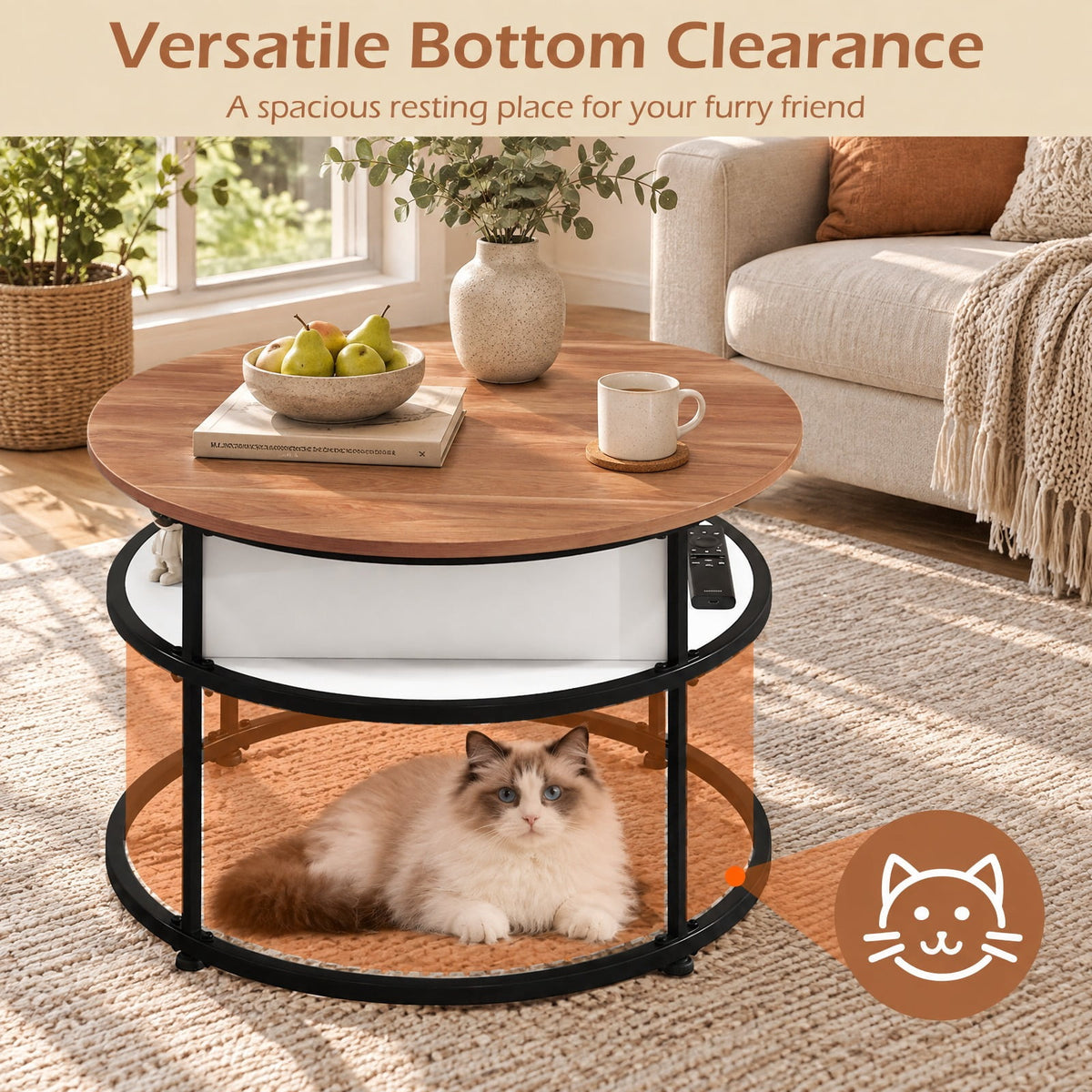 Airfind 31.5 Inch Round Lift Top Coffee Table with Hidden Compartment and Side Shelves, 110 lbs Capacity, Engineered Wood Metal Frame, Teak