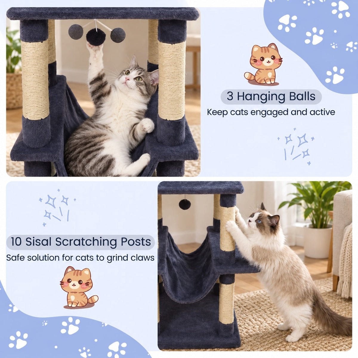 Airfind Large Cat Tree for Indoor Cats 63 Inch Tall Cat Tower, Plush Fabric Sisal Engineered Wood Base Frame, Dark Gray