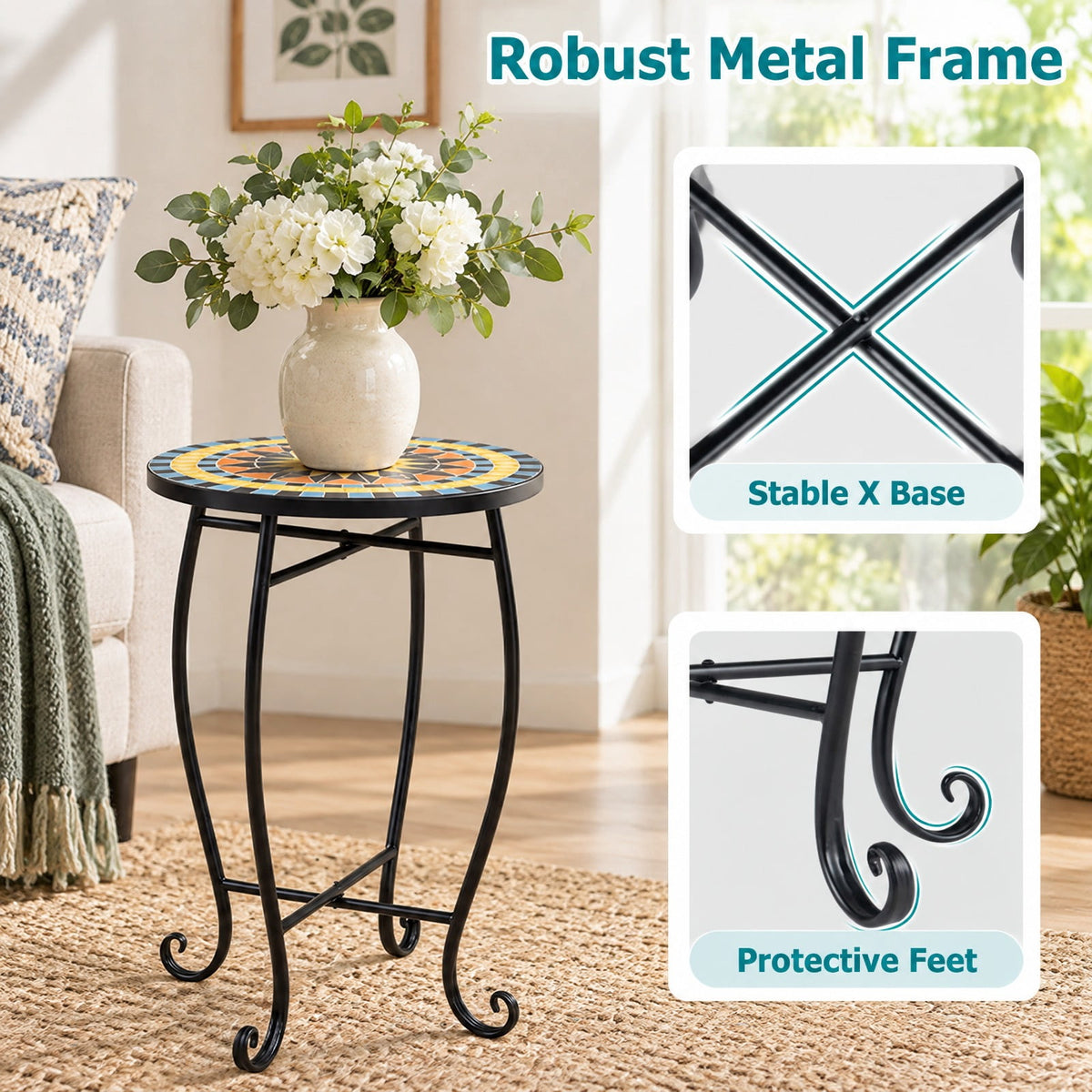 Airfind 14 Inch Floral Clover/Blooming Lotus/Bright Sunflower Mosaic Patio Accent Coffee End Table, 35 lbs Capacity, Metal Frame, 14 Inch x 20 Inch Footprint