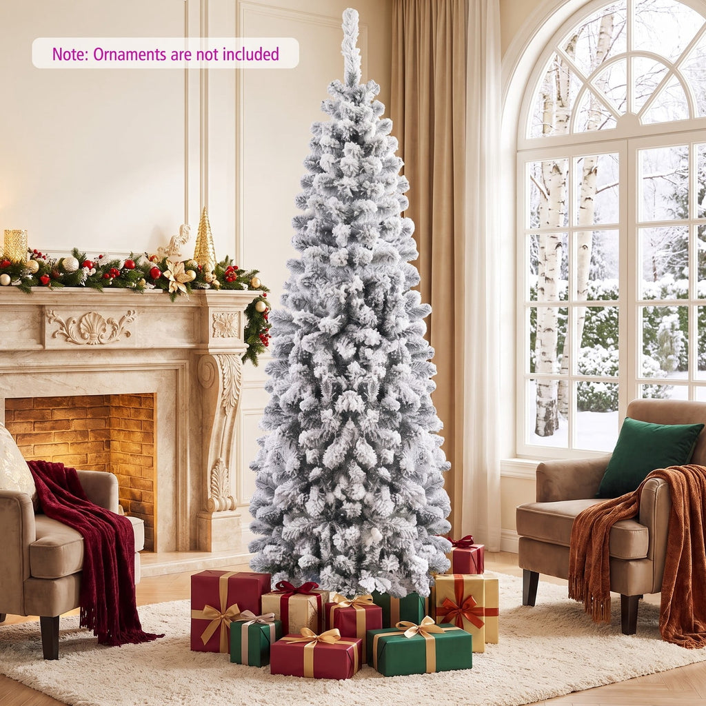 Airfind 6 Feet Unlit Hinged Snow Flocked Artificial Pencil Christmas Tree with 500 Branch Tip, PVC Metal Tree Height 6 ft Tree Width 2 ft Frame