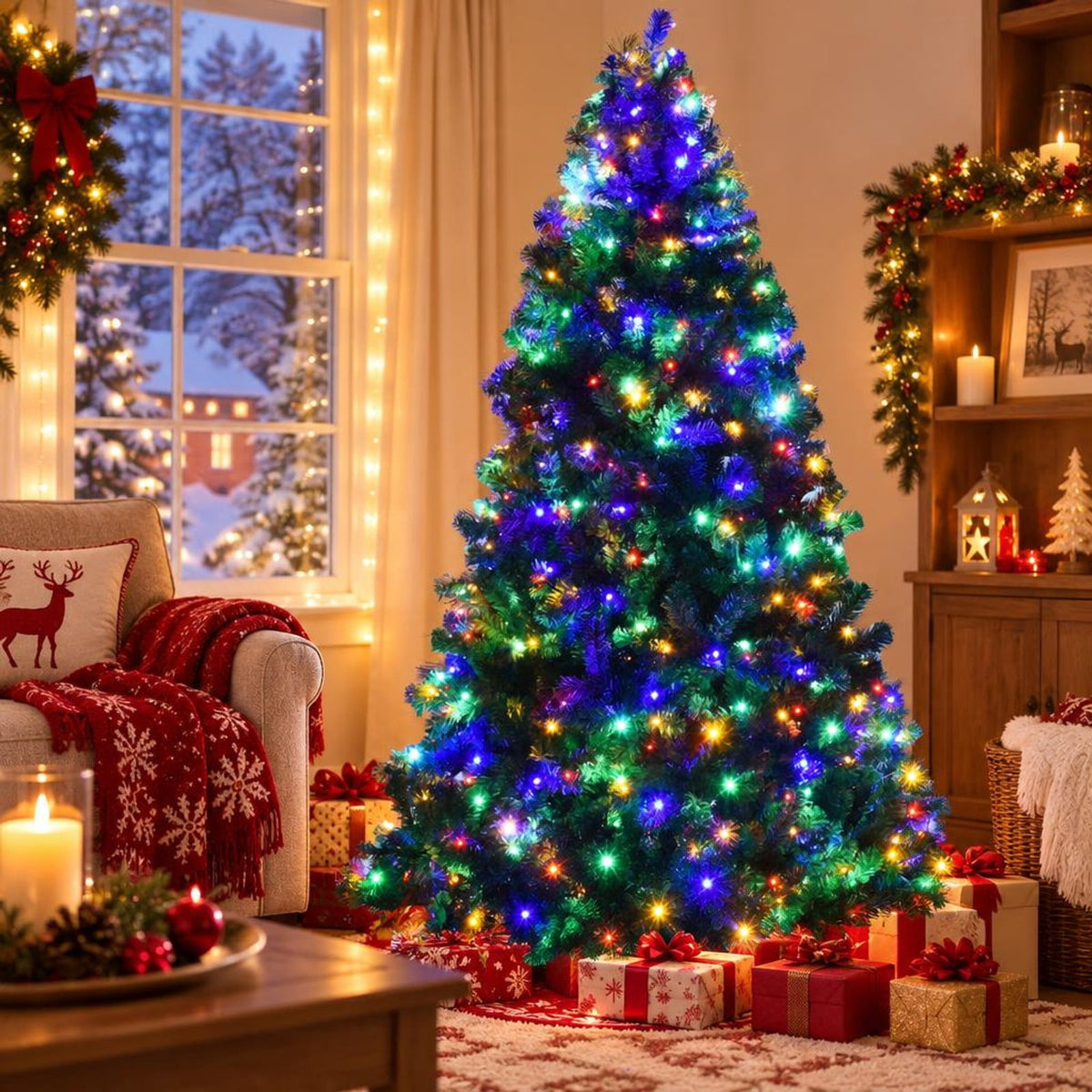 Airfind 7.5 Feet Pre-Lit Artificial Spruce Christmas Tree with 550 Multicolor Lights for Festival, PVC Frame, Φ4.4 x 7.5 H Footprint, Green