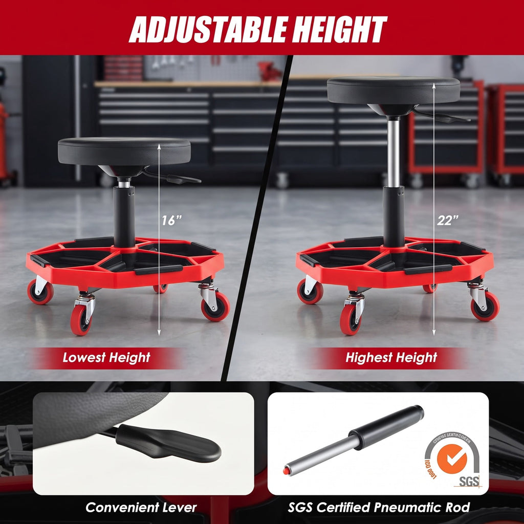 Airfind 330 LBS Capacity Pneumatic Rolling Mechanic Stool with Padded Seat, 20 x 20 x 16 inch Footprint, Red