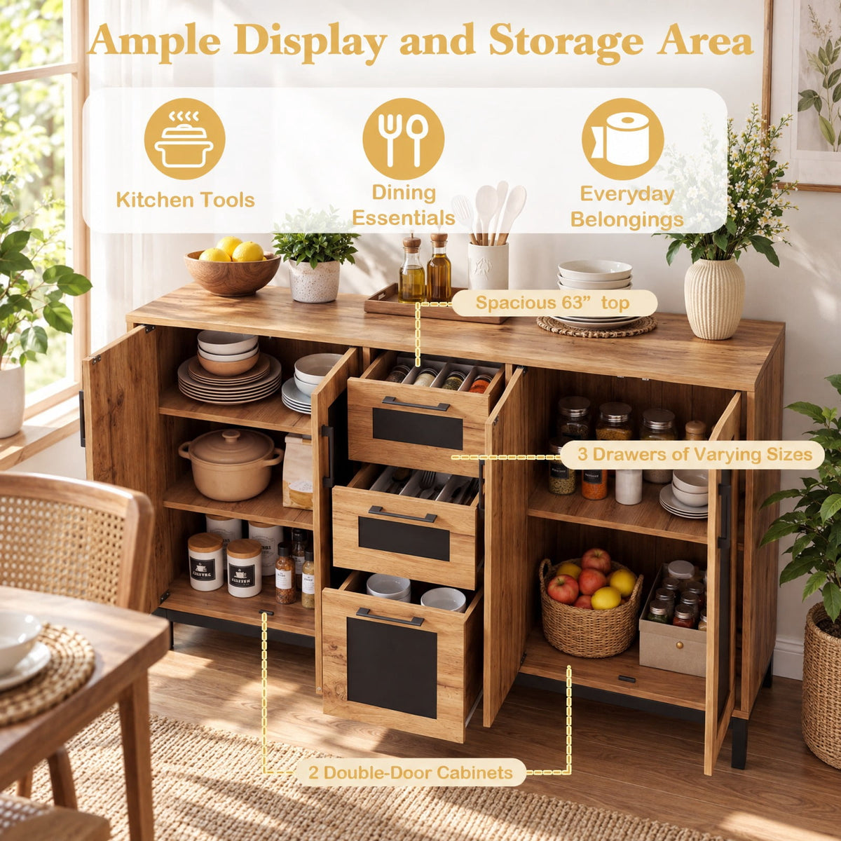 Airfind 63 Inch Sideboard Buffet Cabinet with 3 Drawers and Storage Shelves, 135 lbs Capacity, Engineered Wood Frame, 63 Inch x 16 Inch x 37.5 Inch Footprint