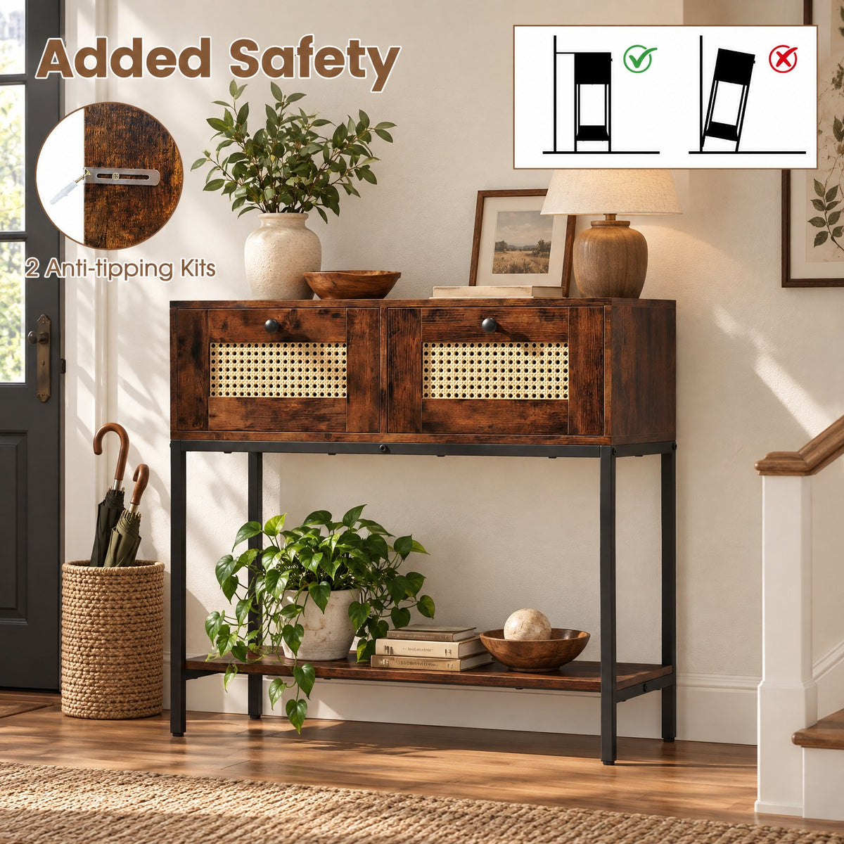 Airfind Rattan Console Table Boho Entryway Table with 2 Rattan Drawers and Open Storage Shelf, 88 lbs Capacity, Brown