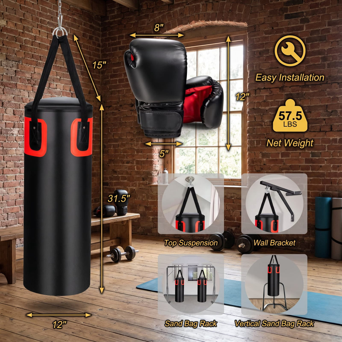 Airfind 56 Pound Filled Hanging Punching Bag Set for Adults with Hand Wraps and Boxing Gloves for Home Boxing Training, Black