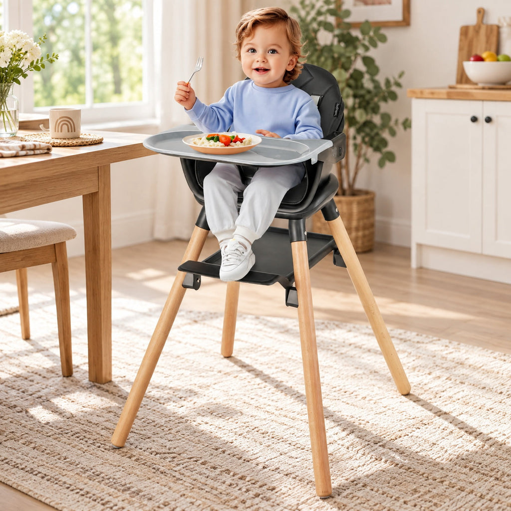 Airfind 6 in 1 Convertible Highchair with Safety Harness and Removable Tray, PP PU Beech Frame, 24.5 x 23 x 35.5 Footprint, Black