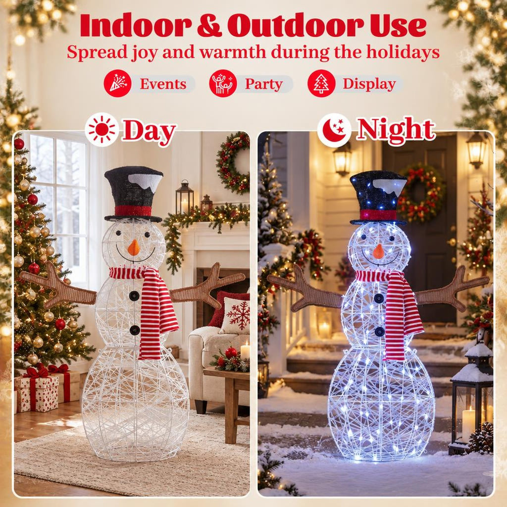 Airfind Lighted Snowman Christmas Decoration with Cold White LED Lights, Metal Tinsel Fabric Frame, 33in x 10in x 43in Length of Footprint, White