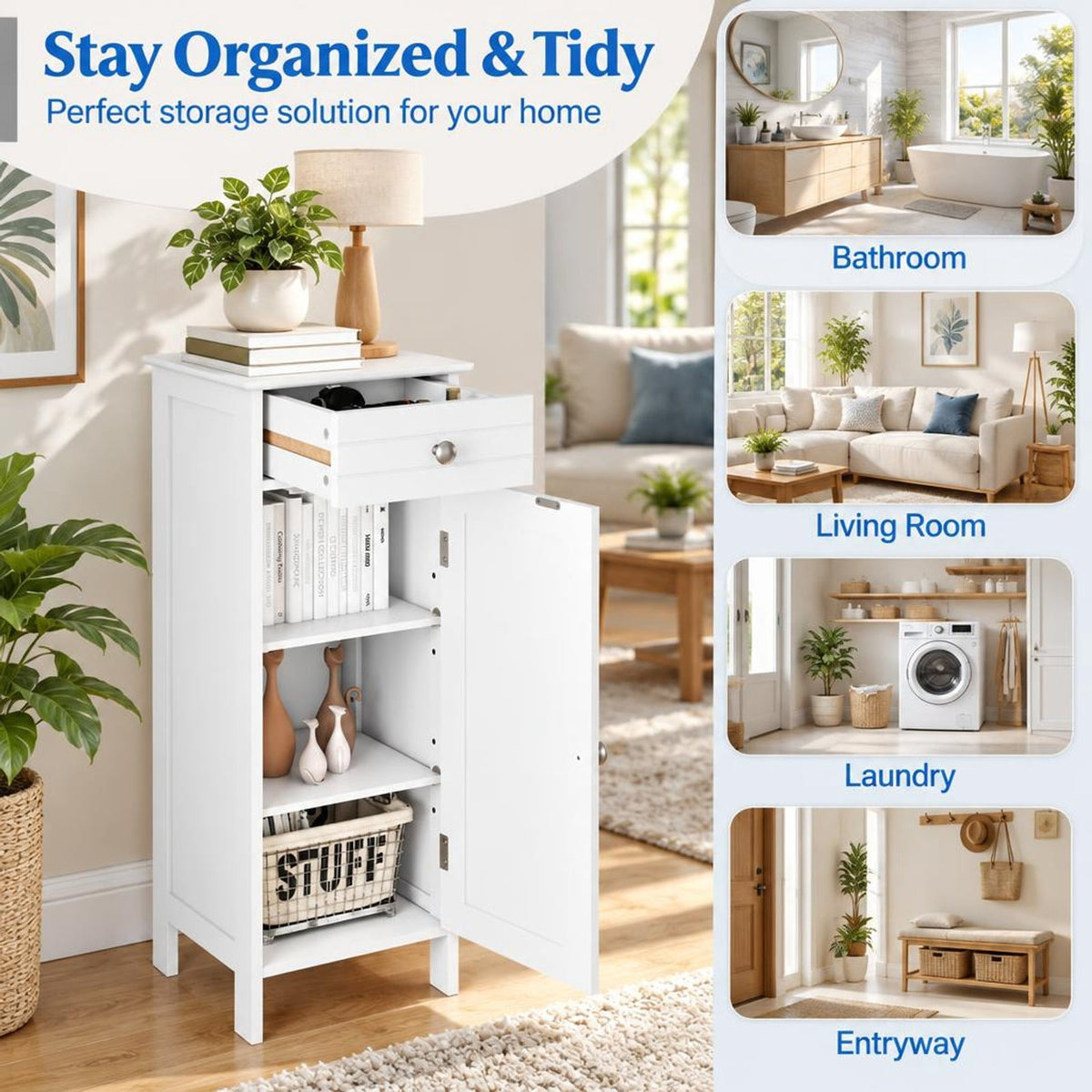 Airfind Wooden Storage Free-Standing Floor Cabinet with Drawer and Shelf, 132 lbs Capacity, MDF Frame, 14in x 12in x 34.5in Footprint, White