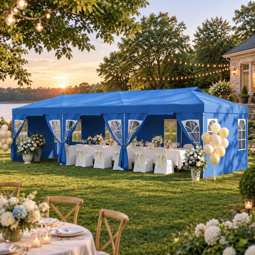 Airfind 10 x 30 FT Pop Up Canopy Tent with 8 Sidewalls and Adjustable Height, PE Metal Fabric Frame, 30 x 10 x 8.5/8.2/7.9 ft Footprint, Blue