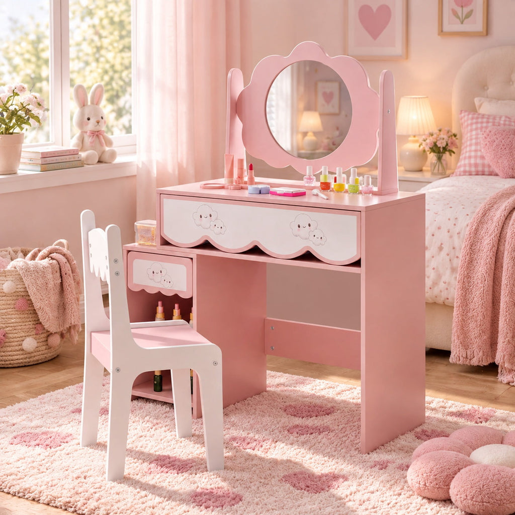 Airfind Kids Vanity Set with 360° Rotating Mirror Chair for Girls, 110 lbsChair Capacity, Engineered Wood GlassTable Frame, Pink