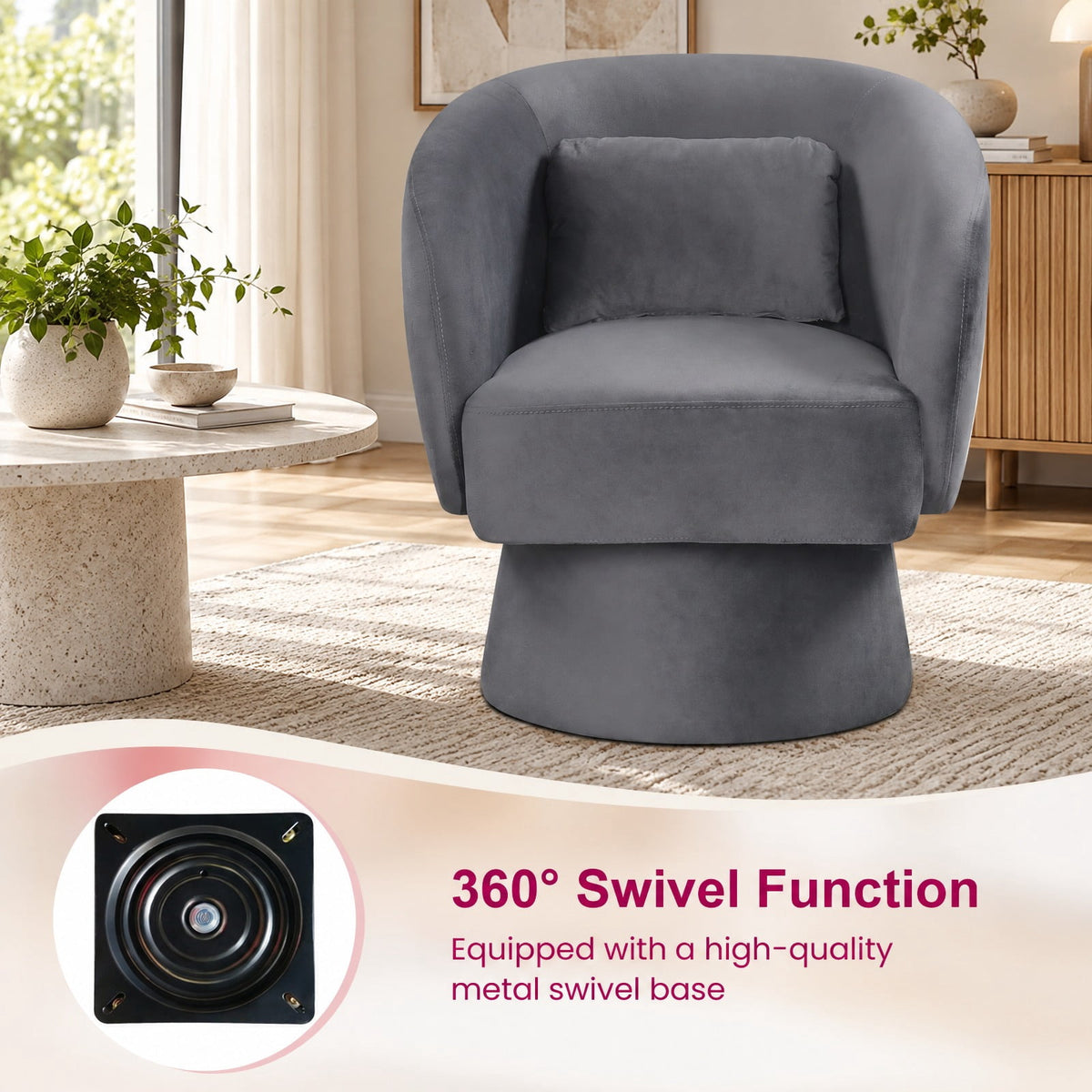 Airfind Swivel Accent Chair Upholstered Barrel Chair with Curved Back and Removable Lumbar Pillow, 400 lbs Capacity, 28.5 x 26.5 x 30.5 Footprint