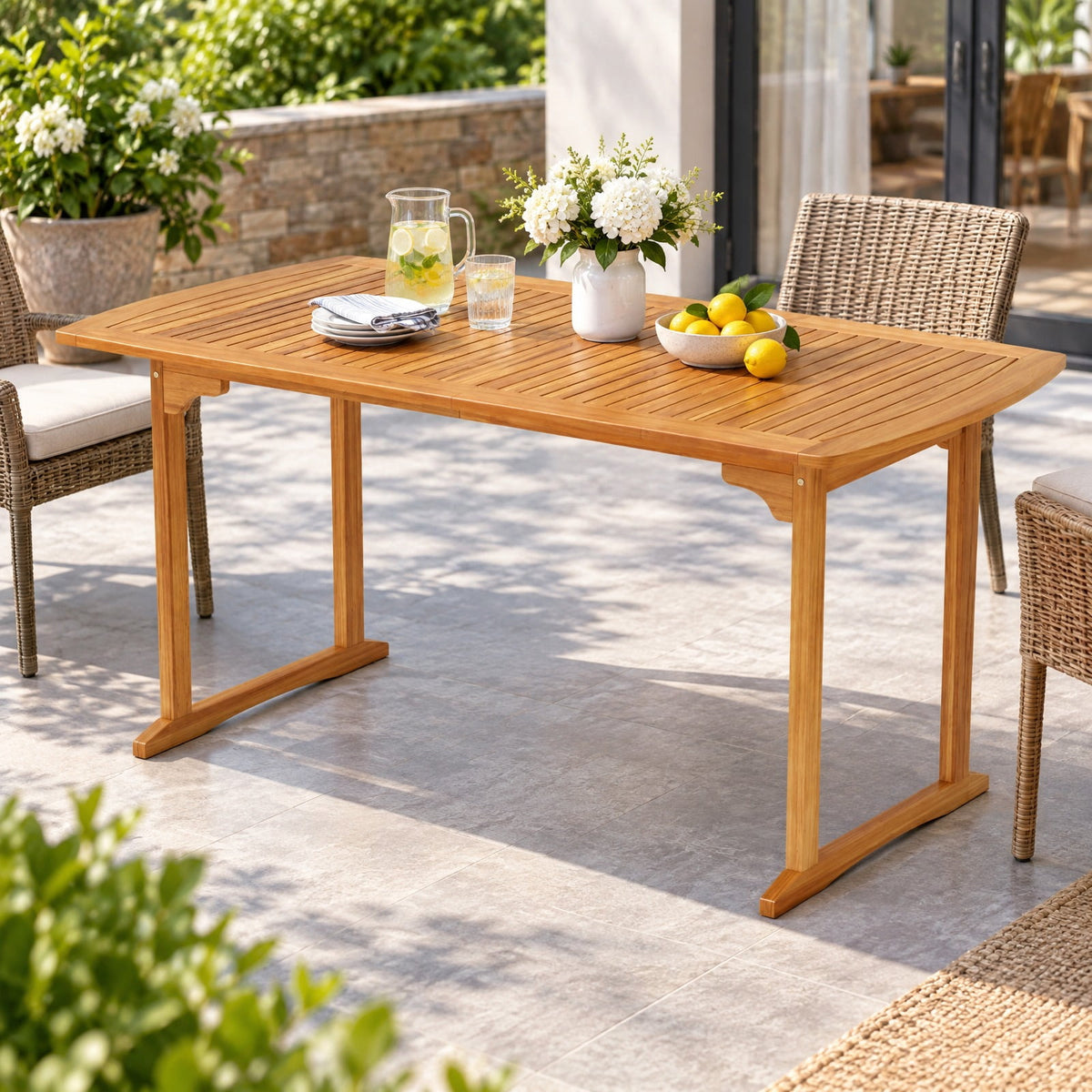 Airfind 63 inch Outdoor Dining Table with Umbrella Hole and Slatted Tabletop, 165 lbs Capacity, Acacia Wood Frame, 63 x 32 x 30 Footprint