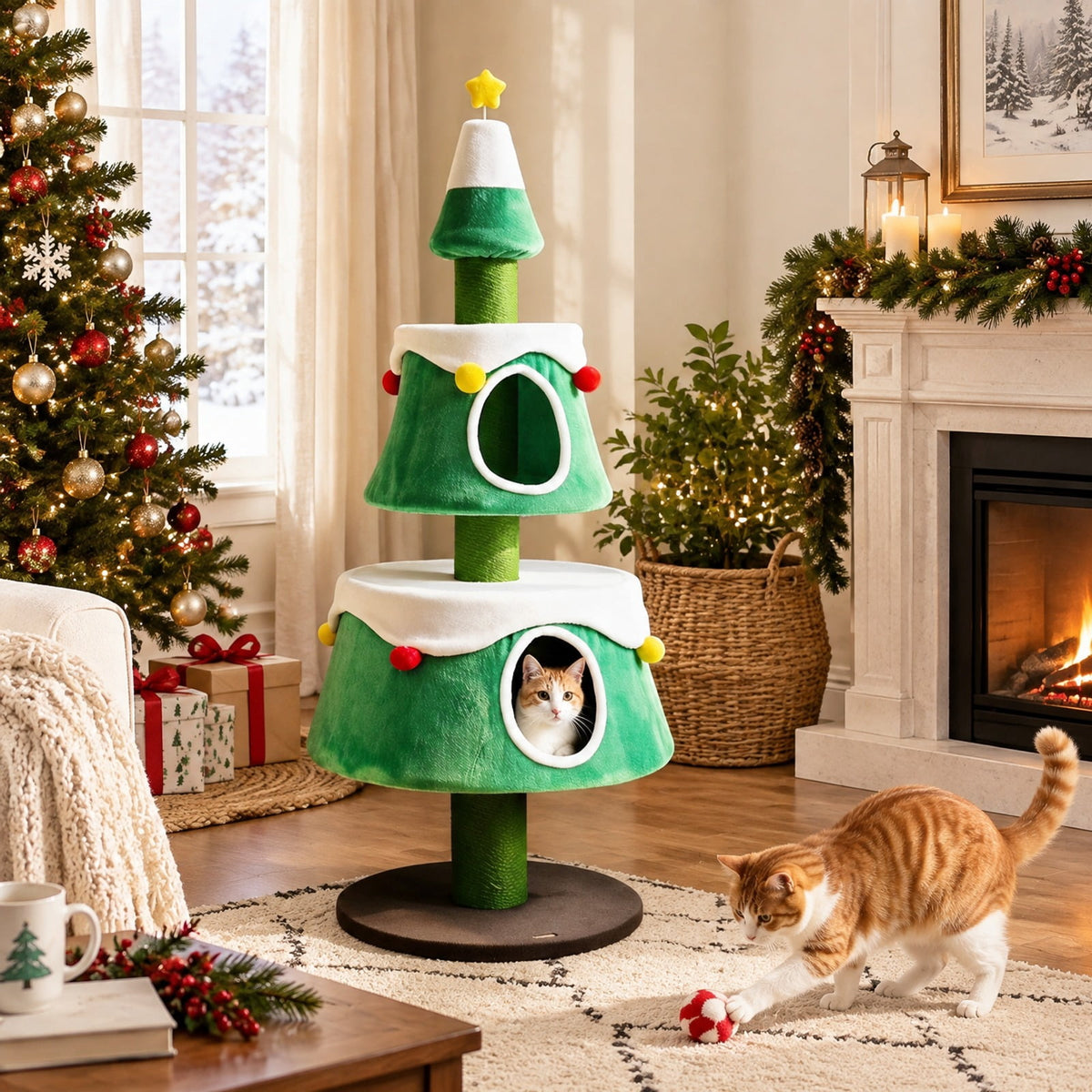 Airfind 61.5in Cat Christmas Tree for Indoor Kittens with 2 Large Condos Star Spring Toy and Decorative Balls, Green