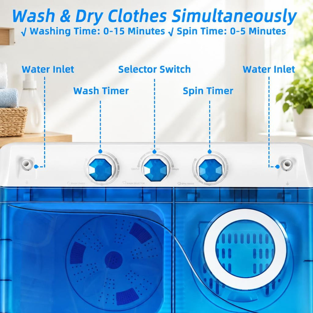 Airfind 26lbs Portable Semi-Automatic Twin Tub Washing Machine with Drain Pump, PP ABS Rated Frame, 27.5 x 16 x 32 Footprint, Blue