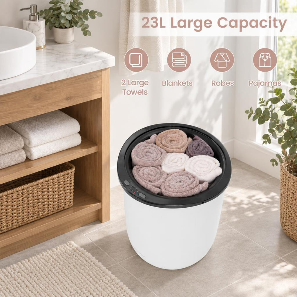 Airfind 23L Large Luxury Bucket-Style Towel Warmer with Fragrant Disc Holder, Plastic Frame, 13.5in x 21in (Dia. x H) Rated Footprint, Black