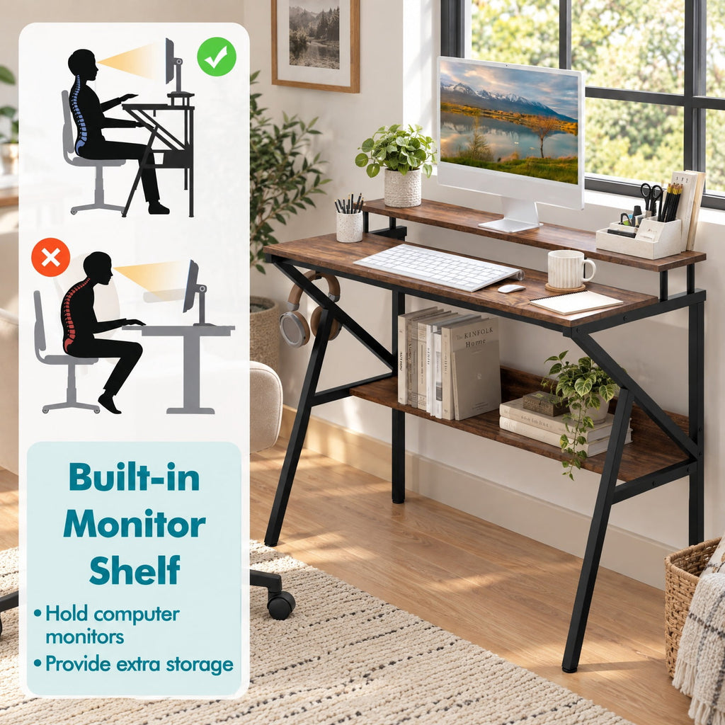 Airfind Space Saving Computer Desk with Monitor Stand and Extra Storage Shelf for Work Study, 200 lbs Capacity, Engineered Wood Metal Frame, Brown