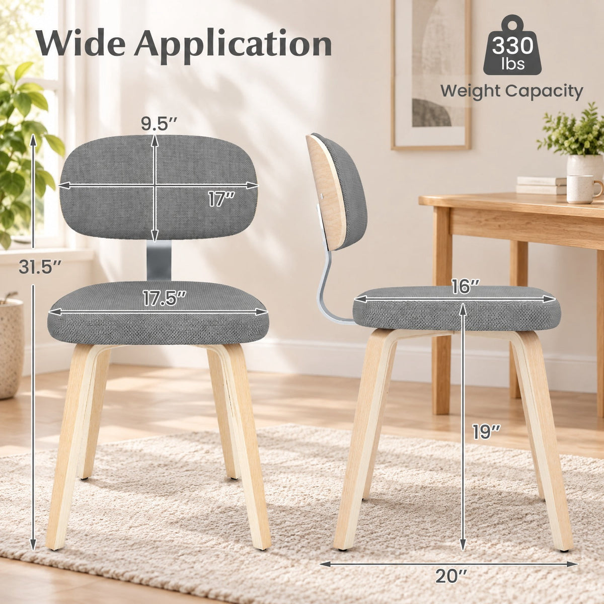 Airfind Chenille Fabric Upholstered Wooden Kitchen Chairs Set of 2, 330 lbs Capacity, Chenille Sponge Bentwood Metal Frame, Gray