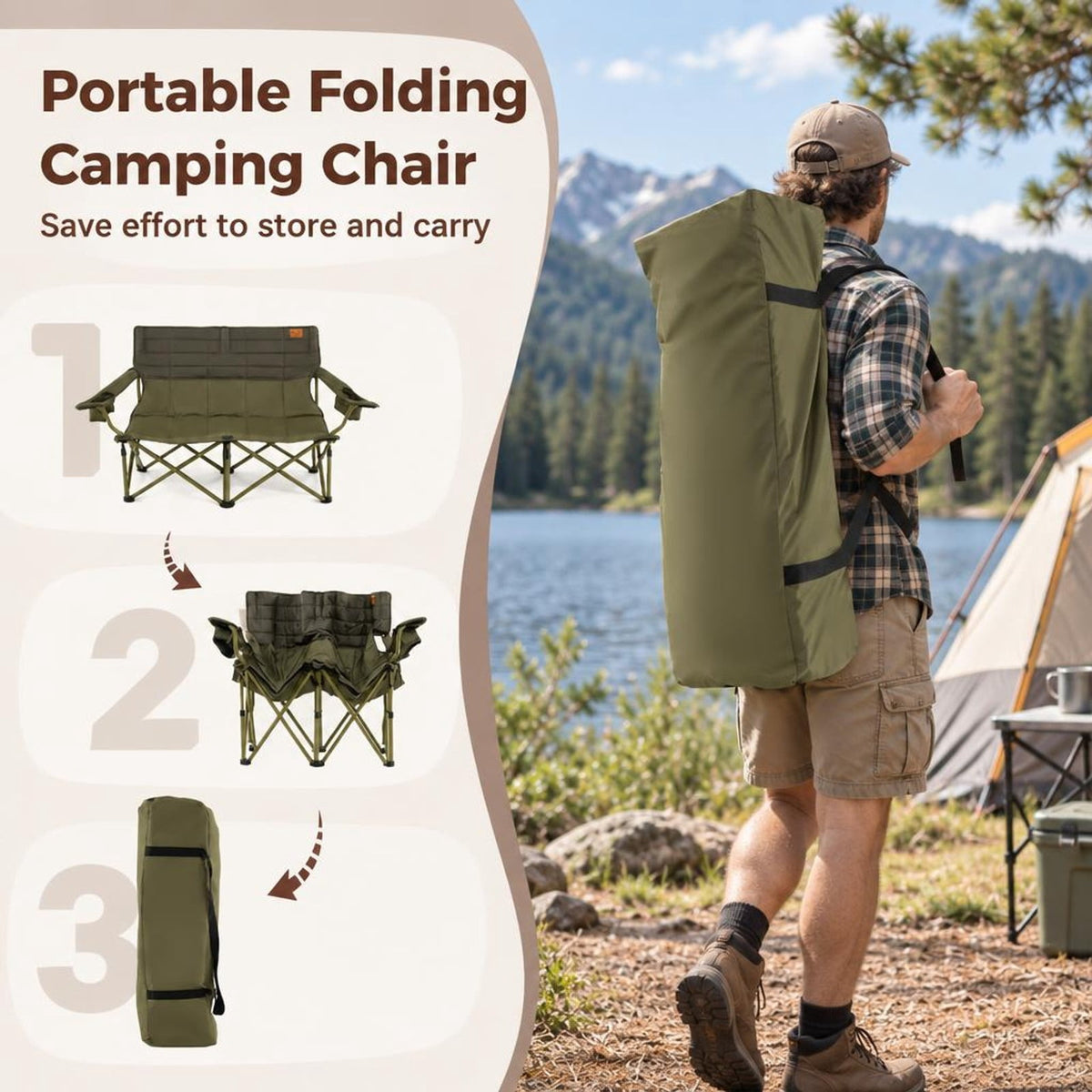 Airfind Oversized Camping Chair Folding Loveseat Camping Couch with Cup Holders Thick Padding, Capacity 660 lbs Capacity, Green