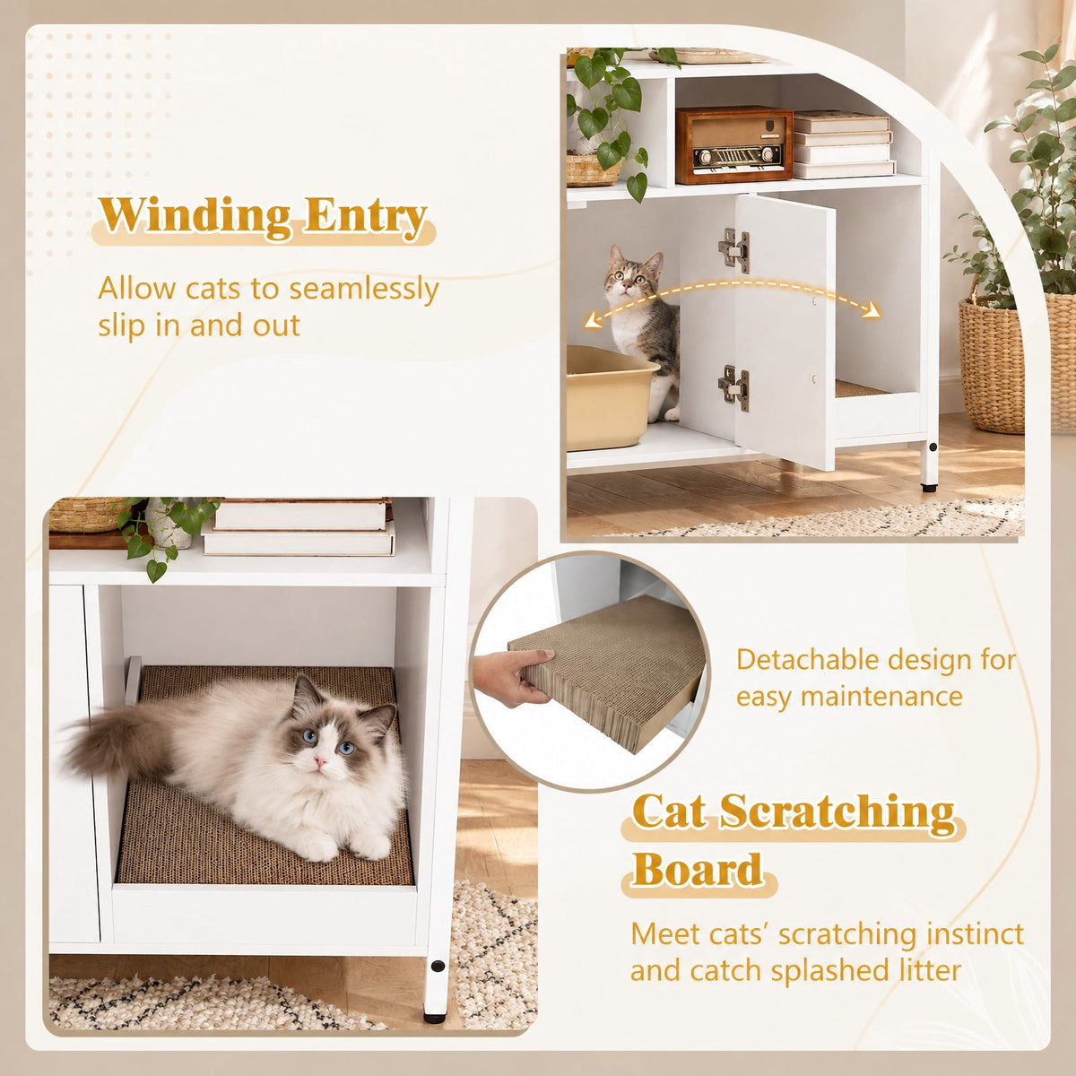 Airfind Hidden Cat Washroom with Double Doors and Scratch Cardboard, MDF Metal Frame, 35 x 17.5 x 29.5 Compartment Footprint, White