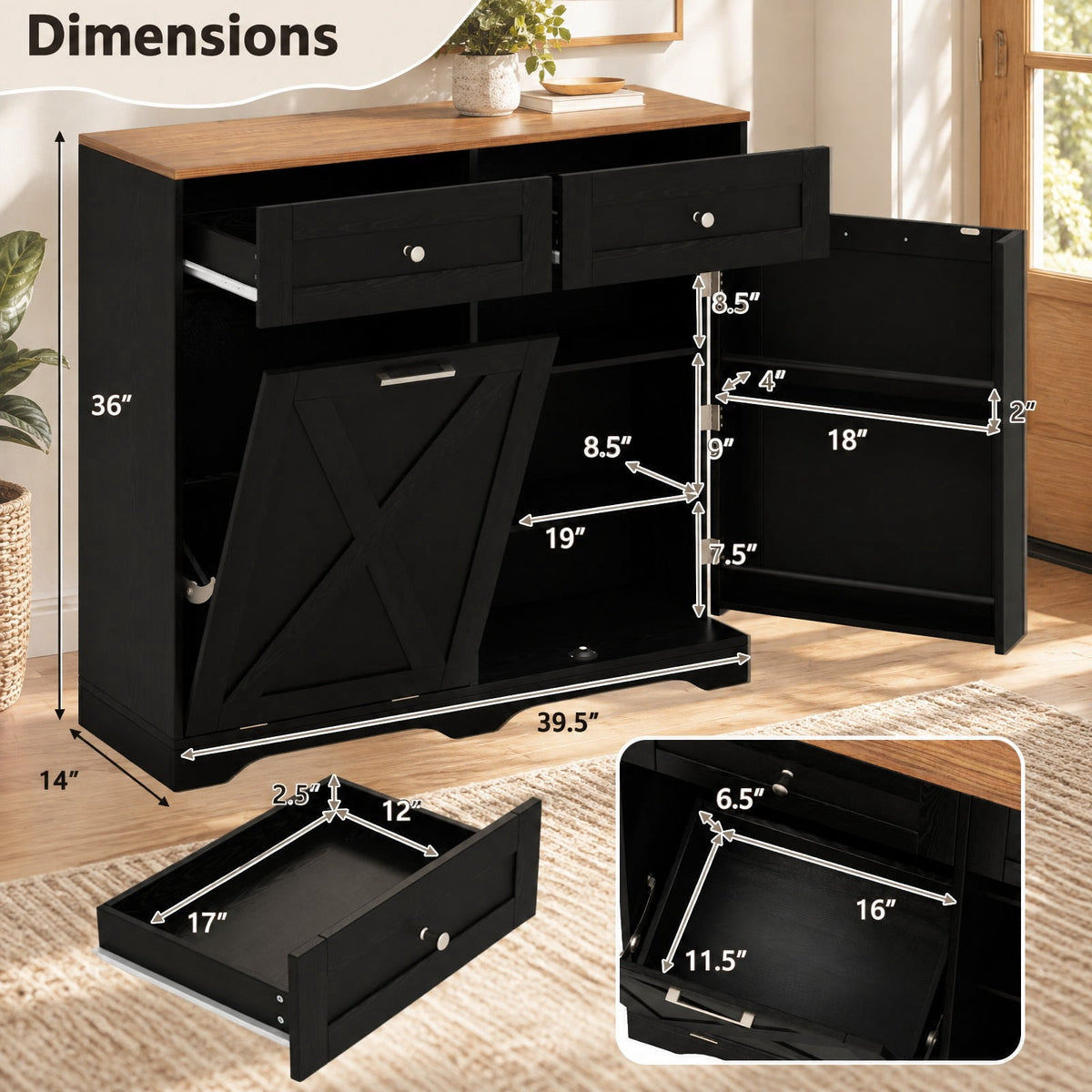 Airfind Tilt Out Trash Can Cabinet with Outlets and Adjustable Shelf, 100 Lbs Capacity, MDF Engineered Wood for Convenient Everyday Use, Black