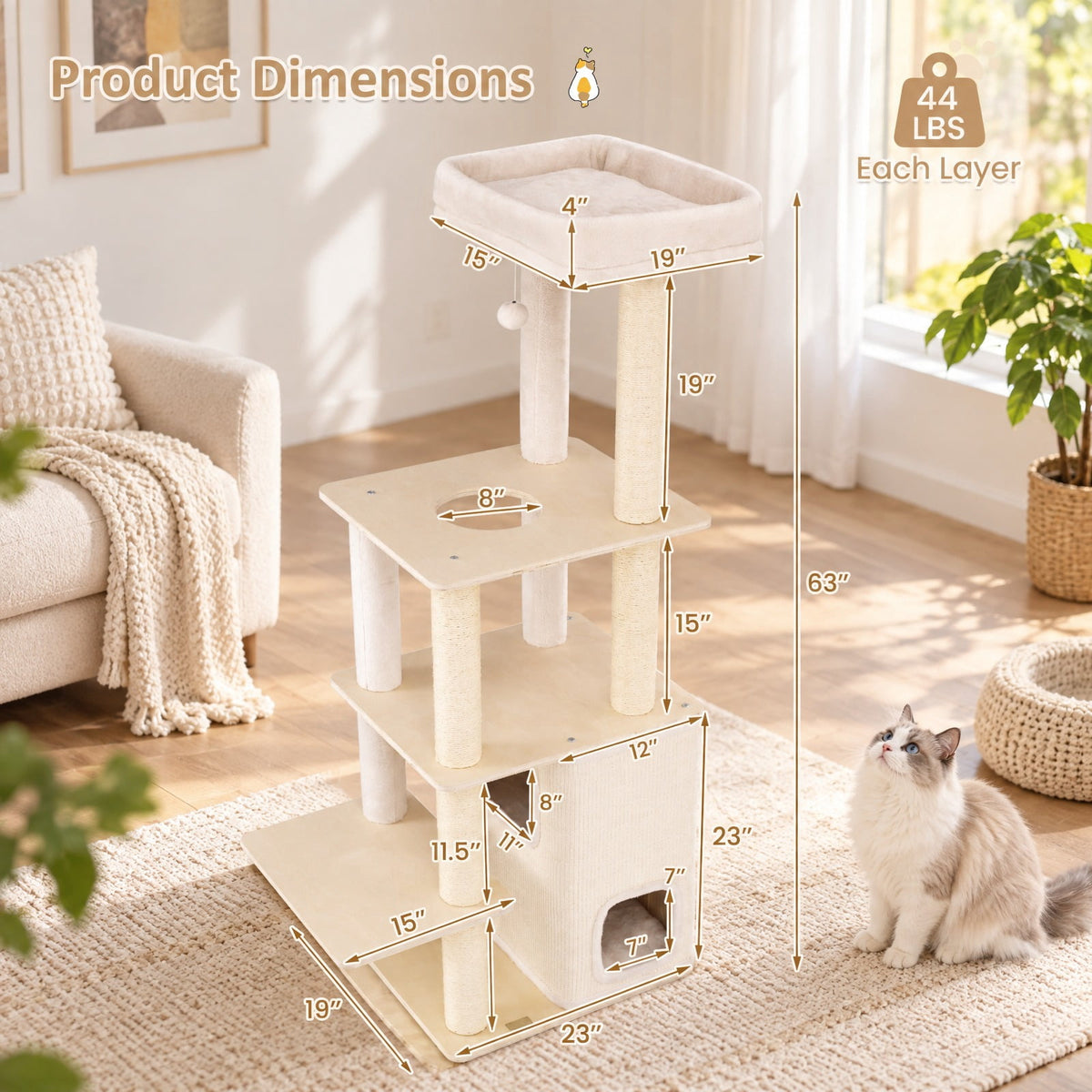 Airfind 63 Inch Tall Wooden Cat Tree with 2-Story Condo and Plush Padded Top Perch, 44 lbs Capacity, 23in x 19in x 63in Condo Footprint, Natural
