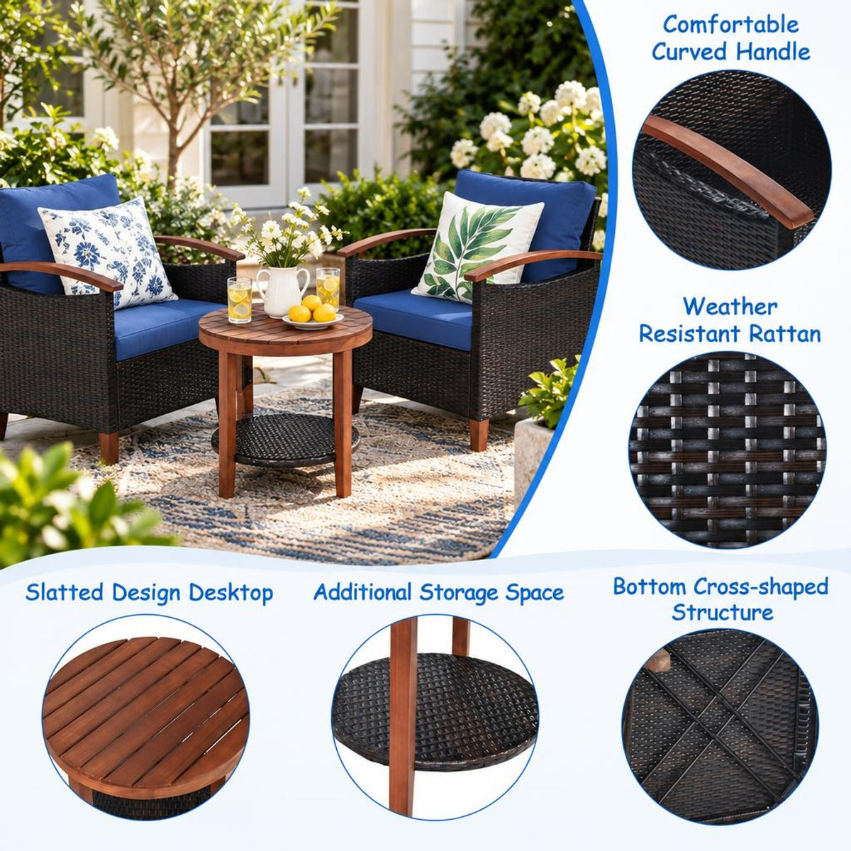 Airfind 3 Pieces Patio Rattan Furniture Set with Washable Cushion and Acacia Wood Tabletop, 360 lbs Capacity, 26 x 27.5 x 31 Footprint, Blue