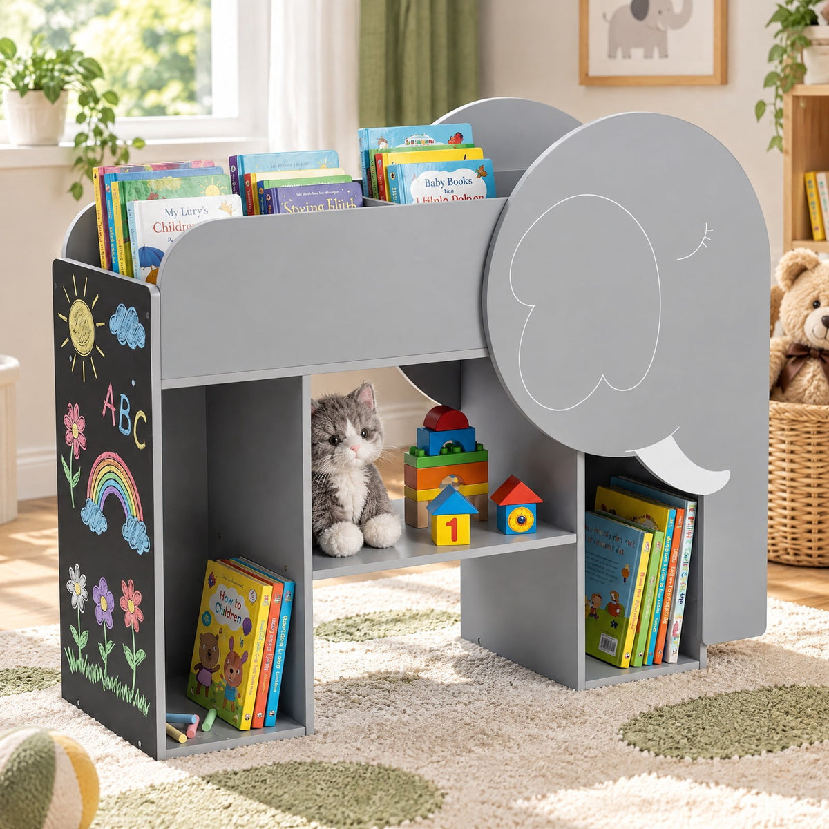 Airfind Montessori Bookshelf with Elephant Shape 3-Tier Toddler Toy Storage Organizer, 22 lbs Capacity, MDF Frame, for 3+ years old, Grey