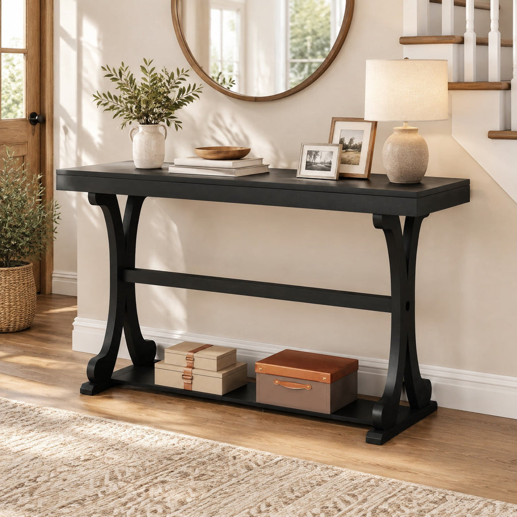 AIRFIND Console Table with Open Storage Shelf, 52 in Vintage Entryway Table with Curved Solid Wood Legs and Adjustable Feet, Black