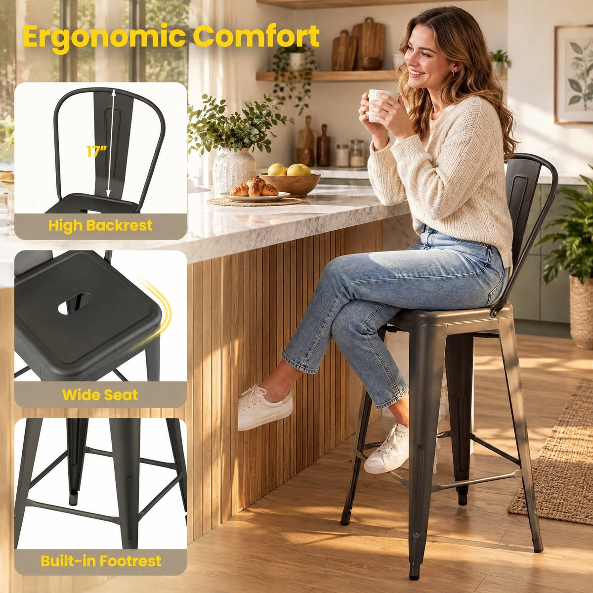 Airfind Set of 4 Metal Bar Stools with Backrests and Footrests, 350 Lbs Capacity, Metal, 18 Inch X 17.5 Inch X 40.5 Inch for Convenient Everyday Use, Gun Metal