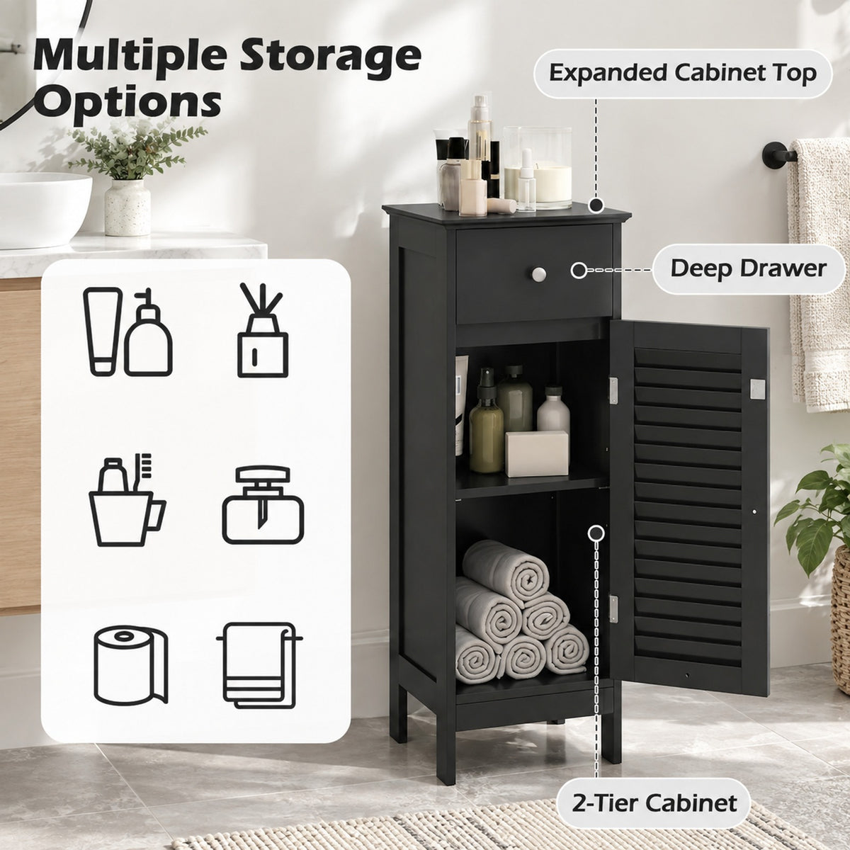 Airfind Narrow Bathroom Storage Cabinet with Adjustable Shelf and Drawer, 13in x 12in x 34.5inOverall Interior Footprint, Black