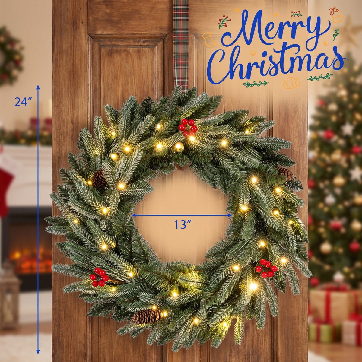Airfind 24 Pre-lit Christmas Wreath Front Door Artificial Xmas Wreath with 90 Frosted Branch Tips, PVC PE Metal Frame, 24 x 24 Footprint, Green