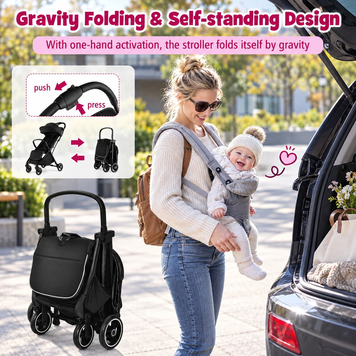 Airfind One-Hand Folding Portable Lightweight Baby Stroller with Aluminum Frame, 33 lbs Capacity, Aluminum polyester EVA Frame, Black