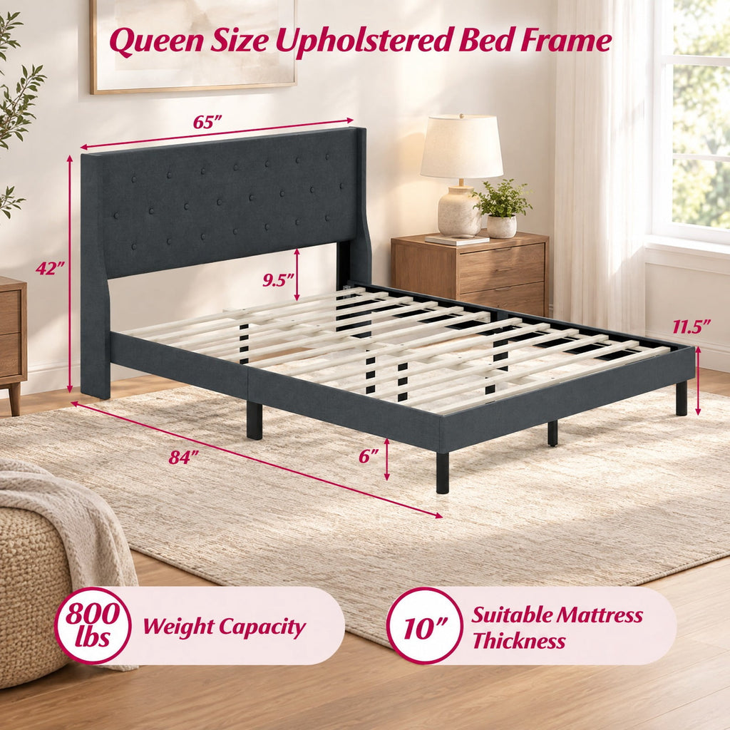 Airfind Queen Size Upholstered Bed Frame with Button Tufted Wingback Headboard and Wooden Slats Support Mattress Foundation, 800 lbs Capacity, Gray