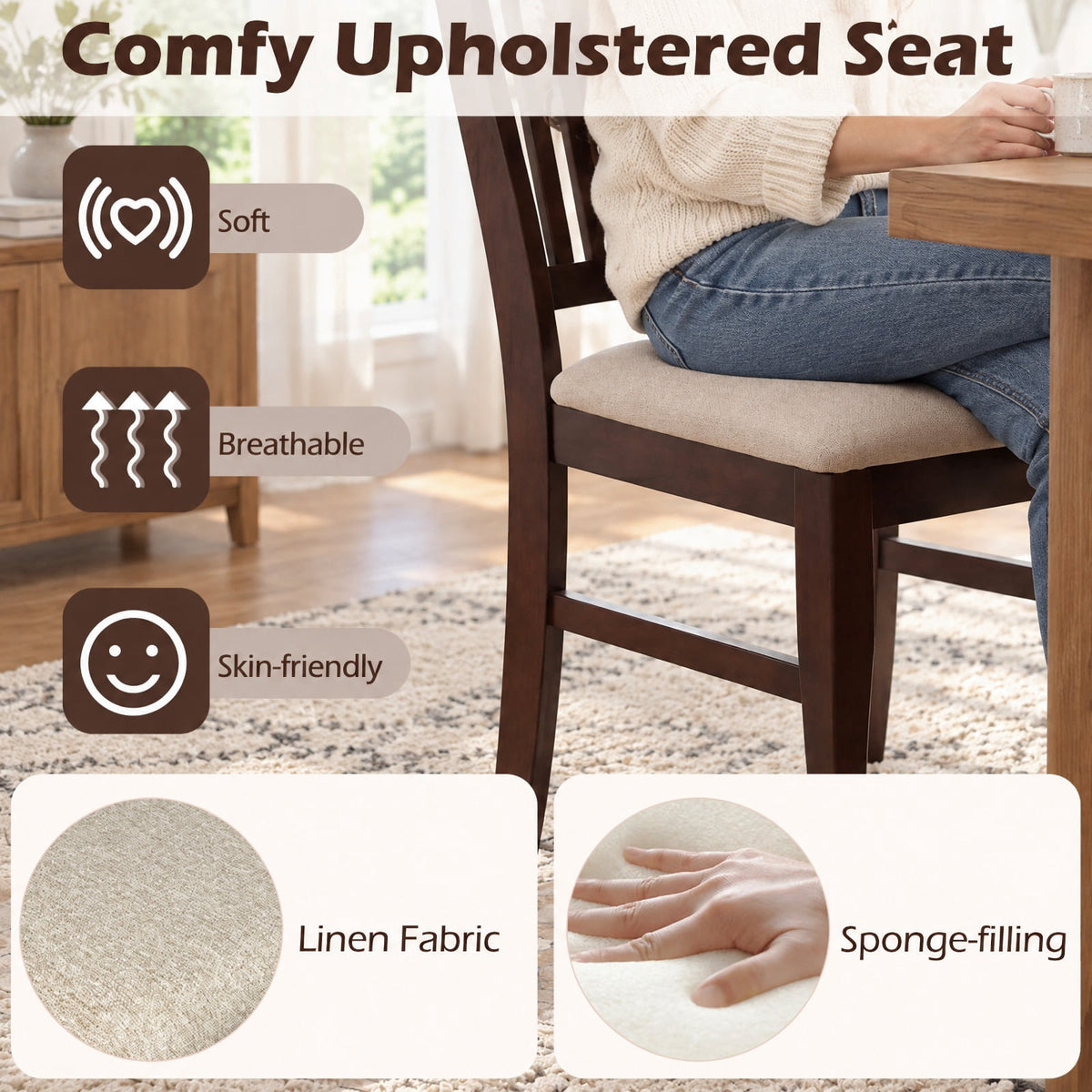 Airfind Set of 4 Kitchen Side Chairs with Rubber Wood Frame and Comfy Padded Seat-Brown White, 400 lbs Capacity, 18 x 20.5 x 40 Footprint, Wood